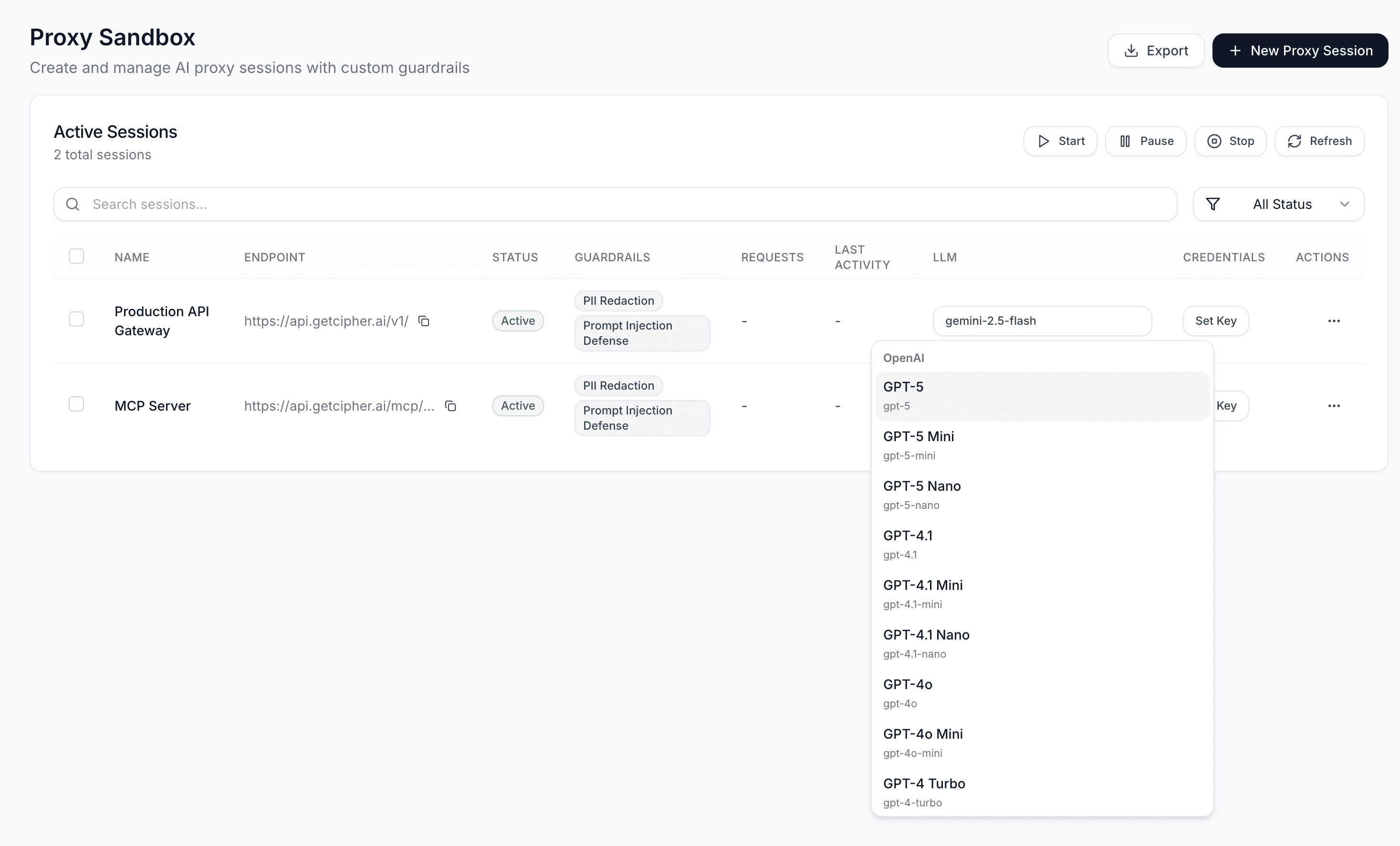 Cipher LLM selection dropdown